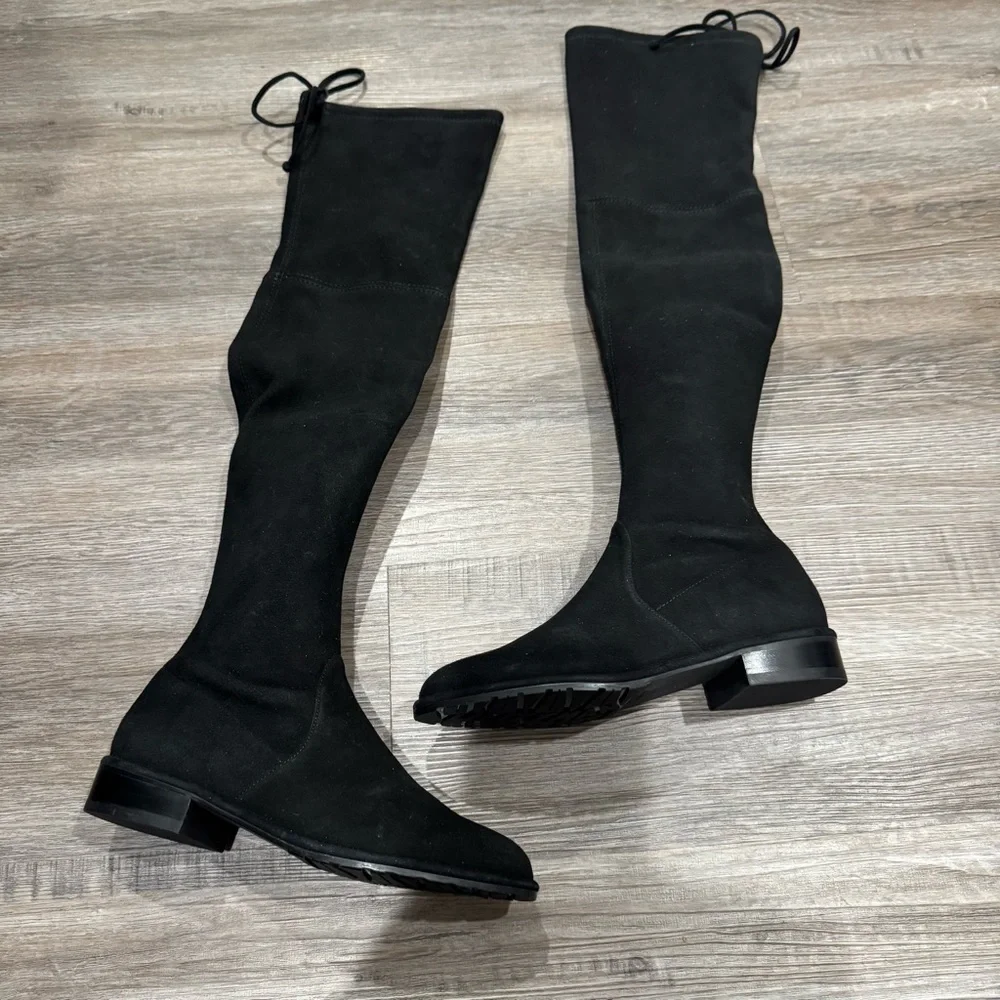 Stuart Weitzman Lowland OTK Over The Knee Suede Leather Tie Flat Boots